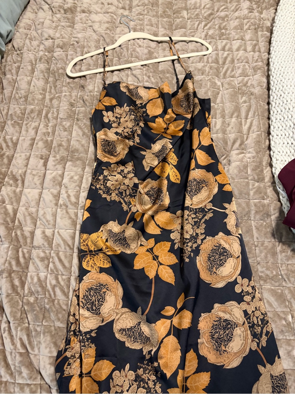 Lulu's Black Maxi Slip Dress with Gold Floral Print